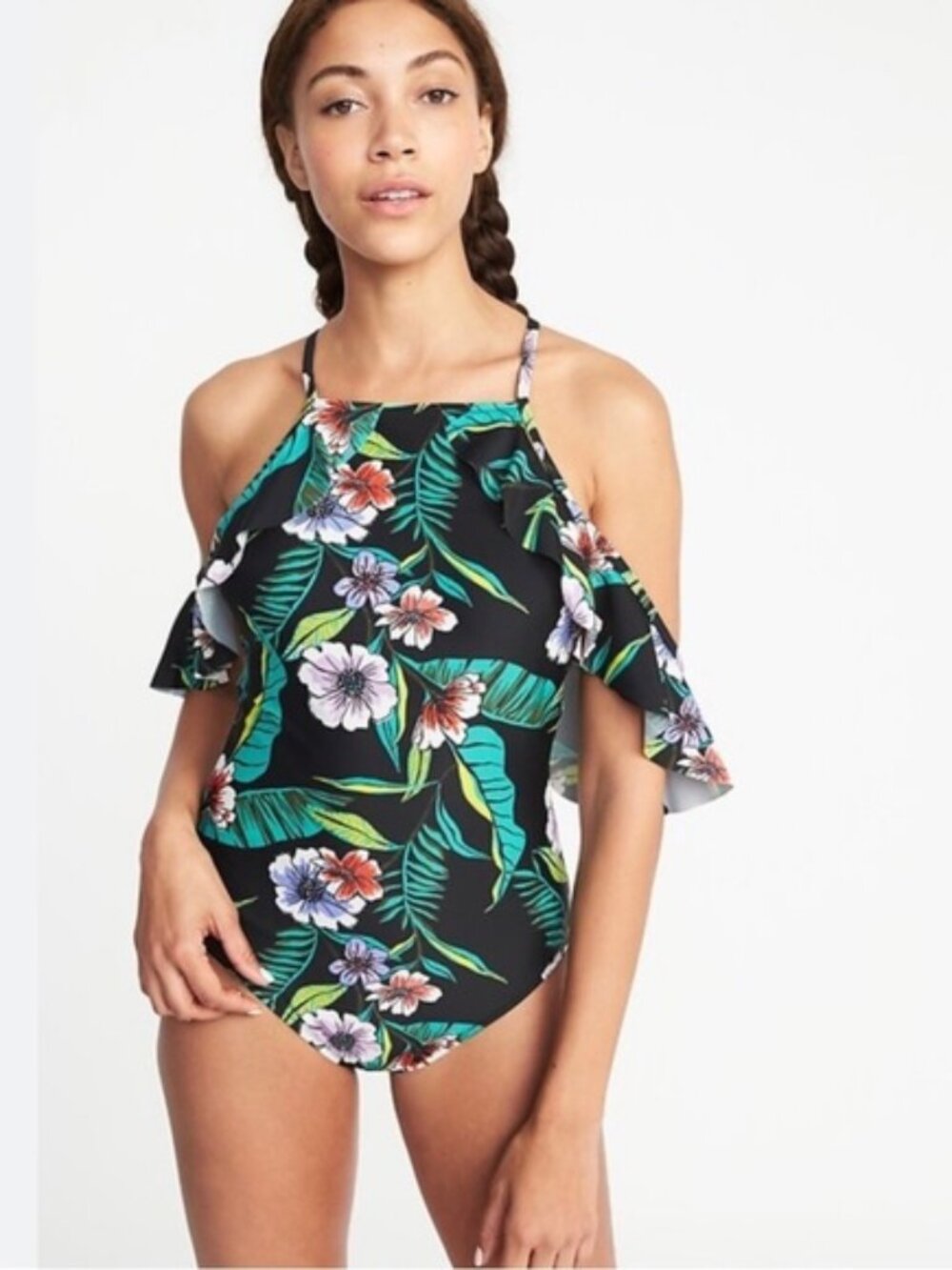 Old Navy | "Black Floral" Cold-Shoulder Swimsuit for Women | Size Large